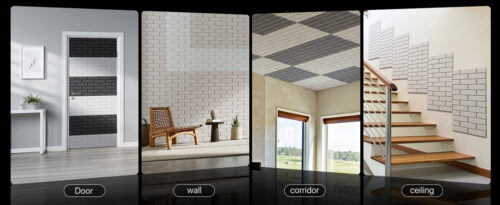 Paneles acústicos decorativos tipo ladrillo Soundsbay en diferentes ambientes.