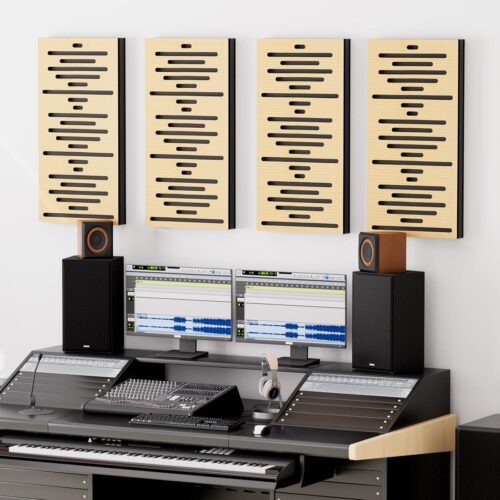 Paneles acústicos decorativos Tonor en un pequeño estudio.