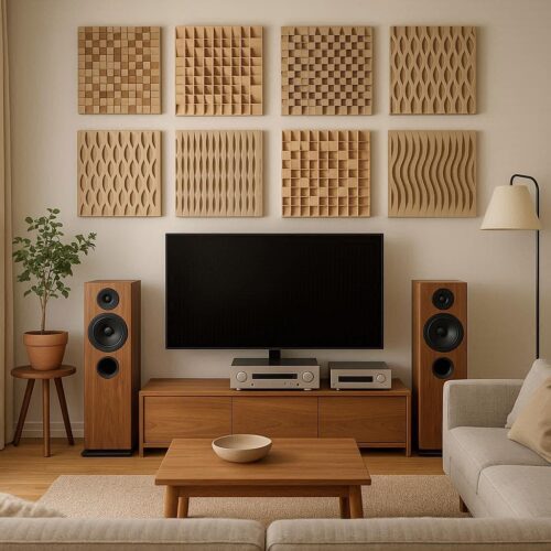 Salón doméstico tratado con paneles acústicos decorativos.