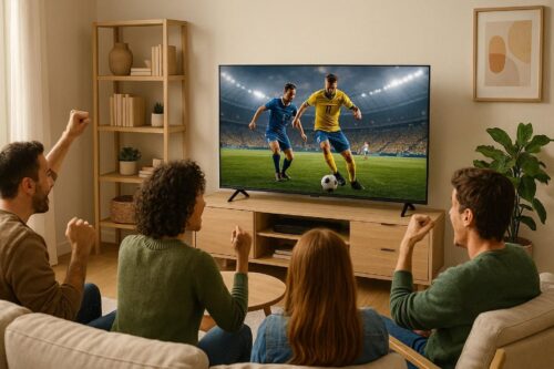 Grupo de amigos disfrutando de un partido de fútbol en un televisor de 55 pulgadas barato