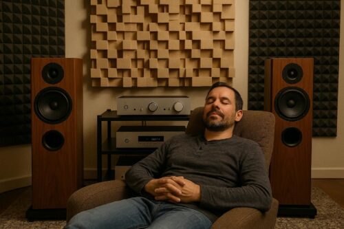Un hombre siente la música como nunca con su equipo de alta fidelidad.