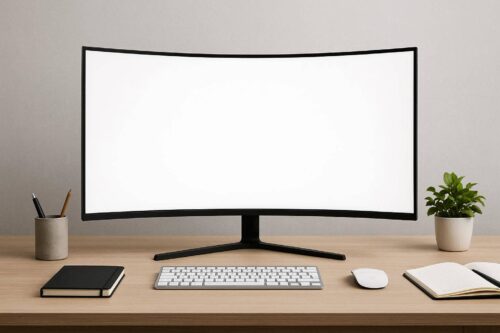 Monitor curvo en una mesa de trabajo.