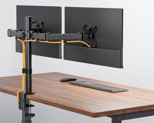 Soporte de monitor dual de la firma Wali, con regulación de altura, inclinación y giro lateral.
