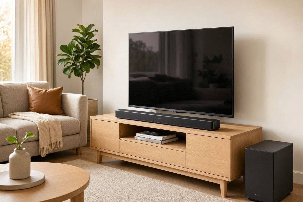Barra de sonido con subwoofer separado en una sala doméstica de estilo escandinavo.