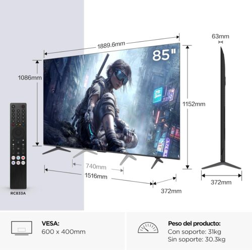 Medidas televisor TCL T8D de 85 pulgadas