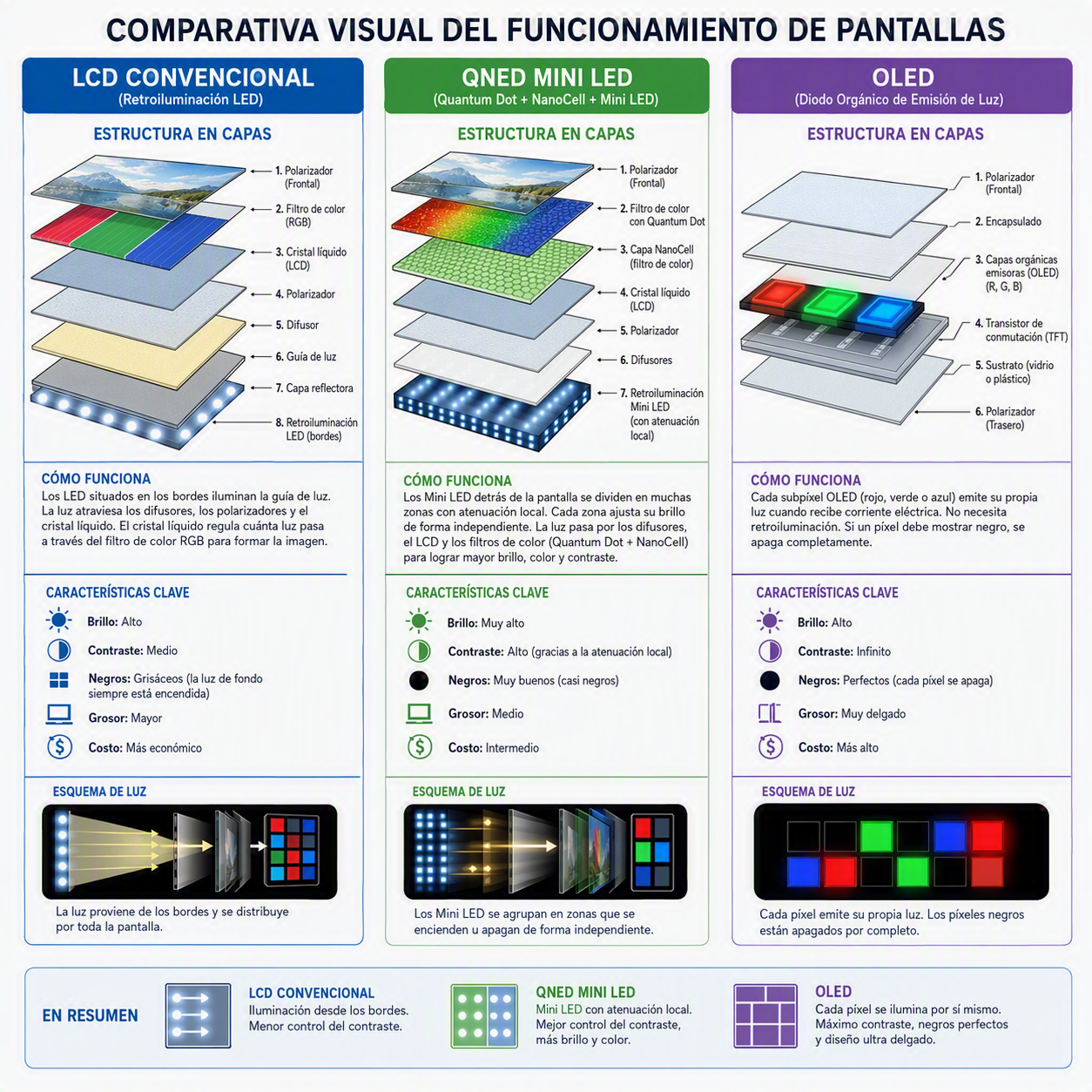 Comparativa de QNED con LCD convencional y OLED.