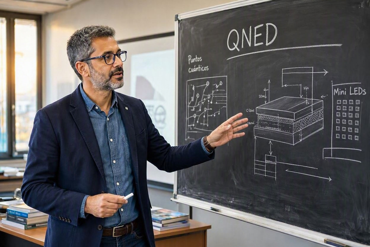 Un profesor de imagen y sonido explica en una pizarra qué es la tecnología de pantalla QNED.