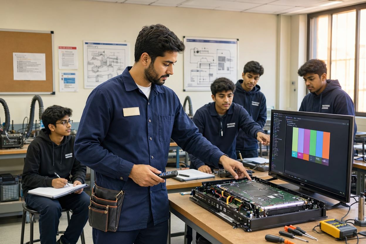 Un profesor de electrónica muestra a sus alumnos el interior de un televisor LCD-LED