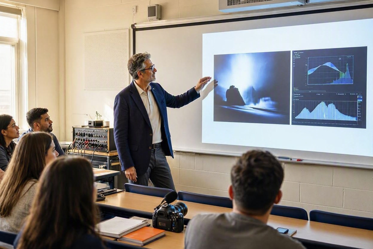 Profesor en un aula de Imagen y sonido explicando a sus alumnos qué es el HDR.